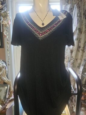 Design History Black V-Neck Short Sleeve Top with Pink & Teal Embroidery